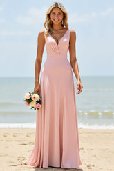 Blush Langes V-Ausschnitt Brautjungfernkleid in A-Linie